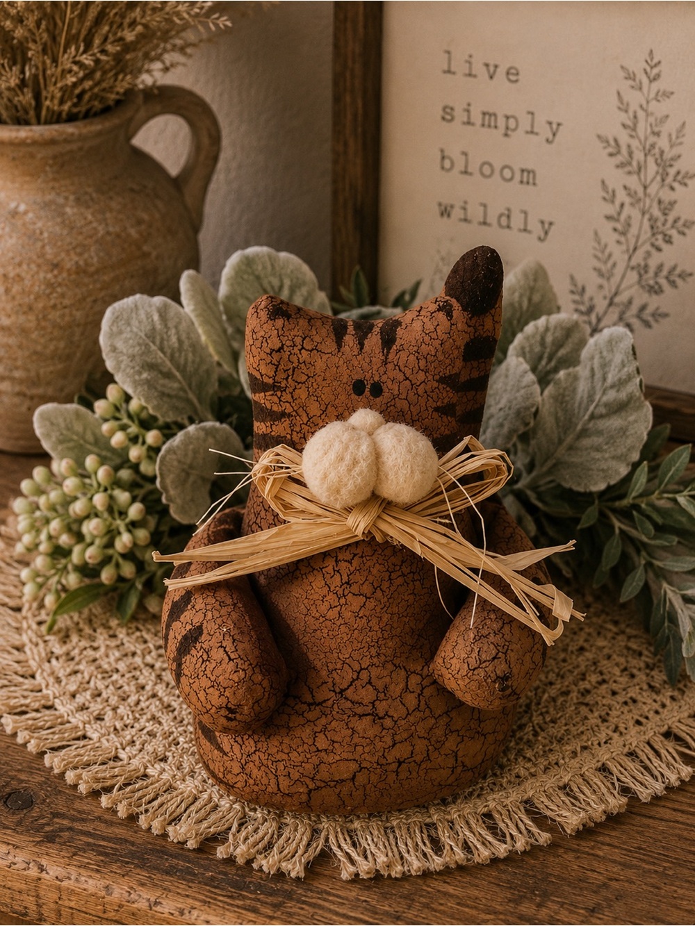 Primitive Vintage Hand Painted Cat Shelf Sitter Figurine‎